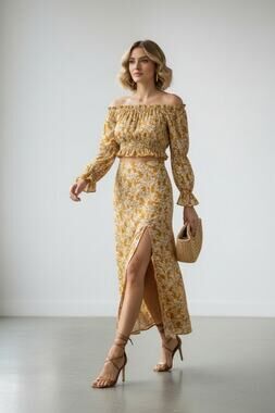 Avenue Zoe Mustard Rayon Floral Two-Piece Crop Top & Maxi Skirt Set Small NWT